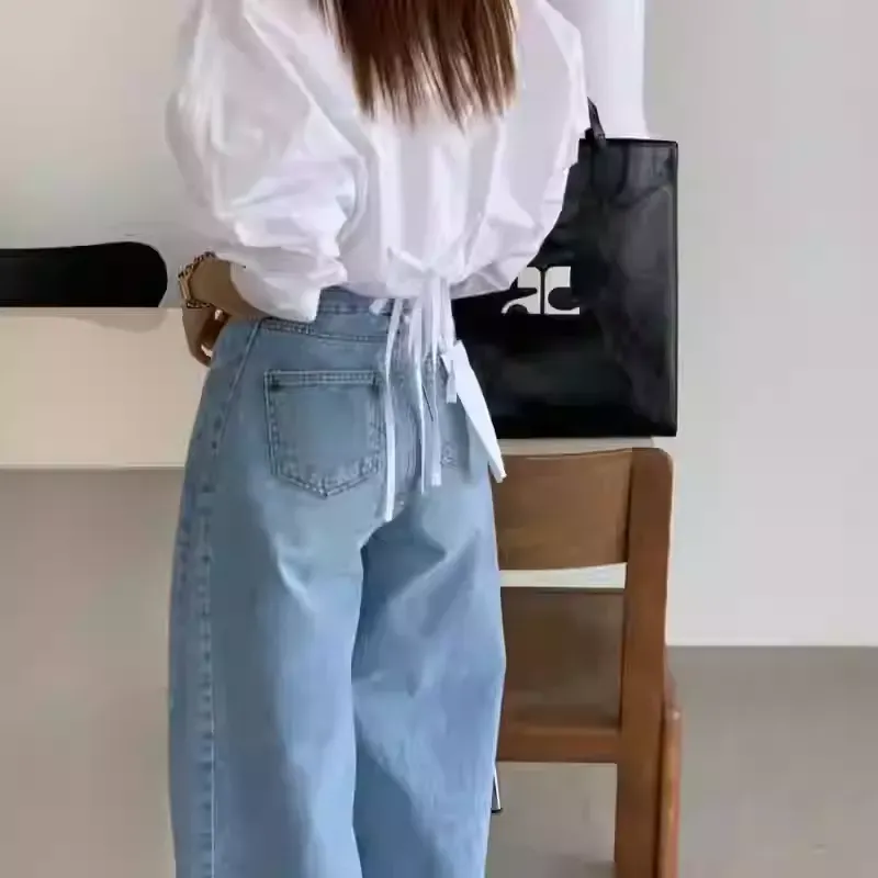 骨格ウェーブハイウエストワイドベルトワイドレッグデニムパンツ