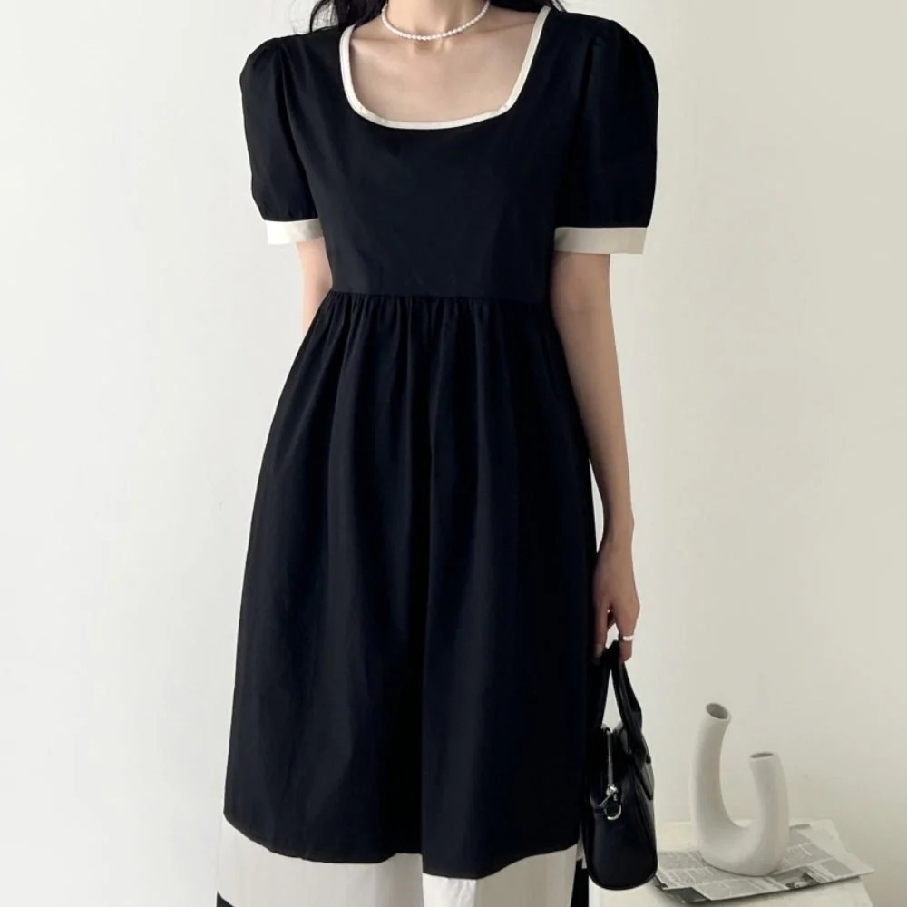 骨格ウェーブ クラシカルバイカラー ハイウエスト パフスリーブワンピース