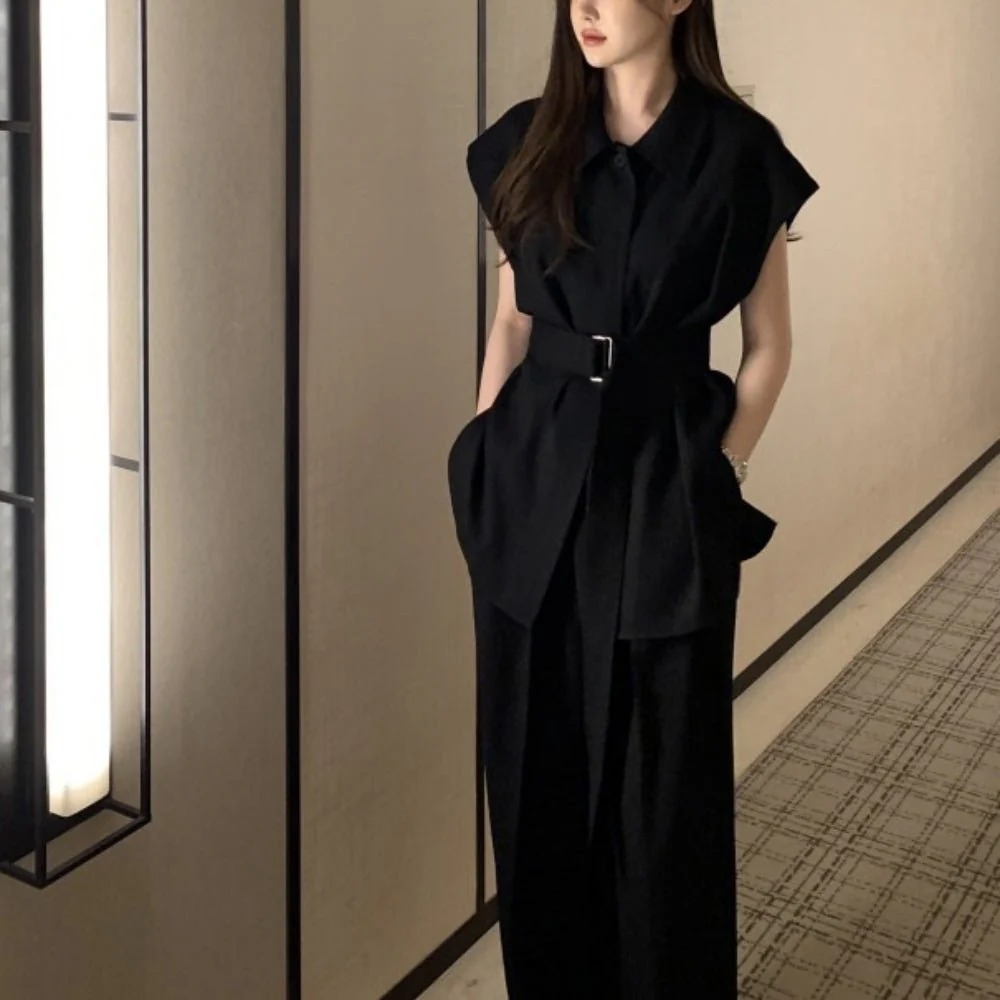 骨格ウェーブ 美くびれメイク・セットアップ フレンチスリーブシャツ＆ワイドパンツ