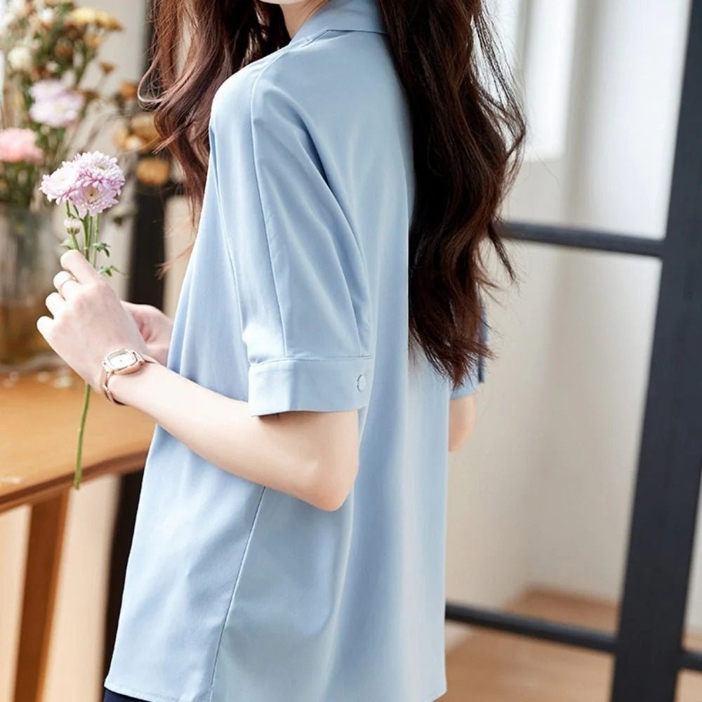 骨格ウェーブ とろみ素材 フローラルボウタイ5分袖ブラウス