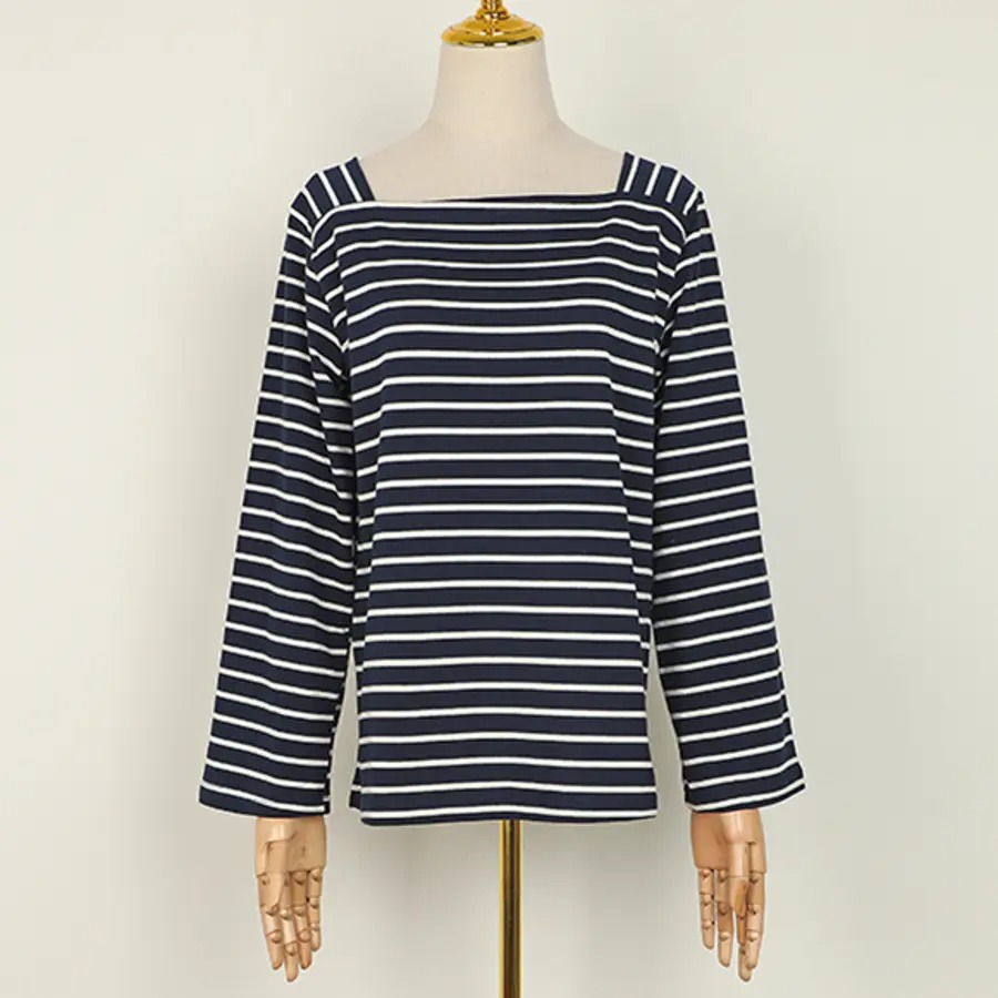 骨格ウェーブ スクエアネックボーダーTシャツ