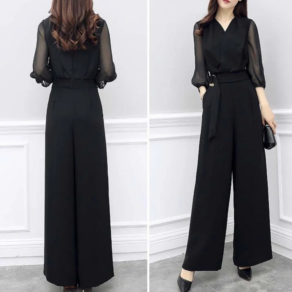 骨格ウェーブ シアー袖×Vネック ハイウエストオールインワン