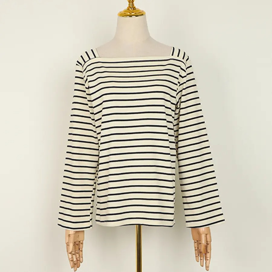 骨格ウェーブ スクエアネックボーダーTシャツ