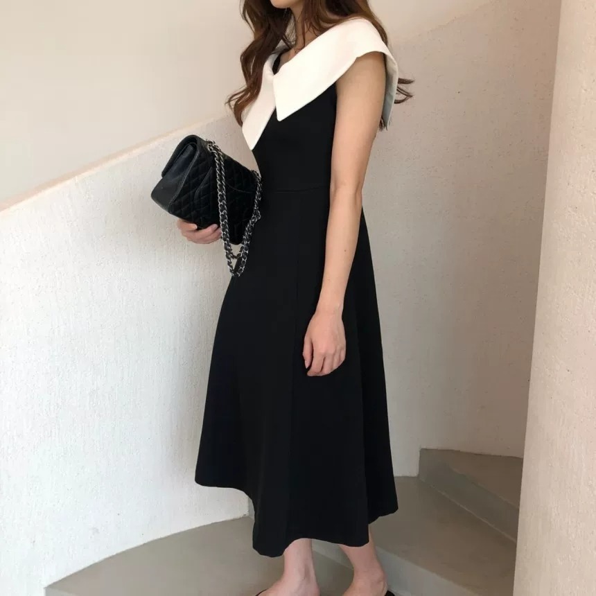 骨格ウェーブ ビッグカラー 美くびれロングワンピ―ス