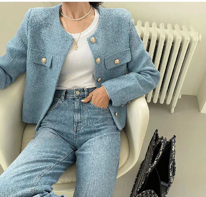 骨格ウェーブ 脚長見えショート丈 ノーカラーツイードジャケット