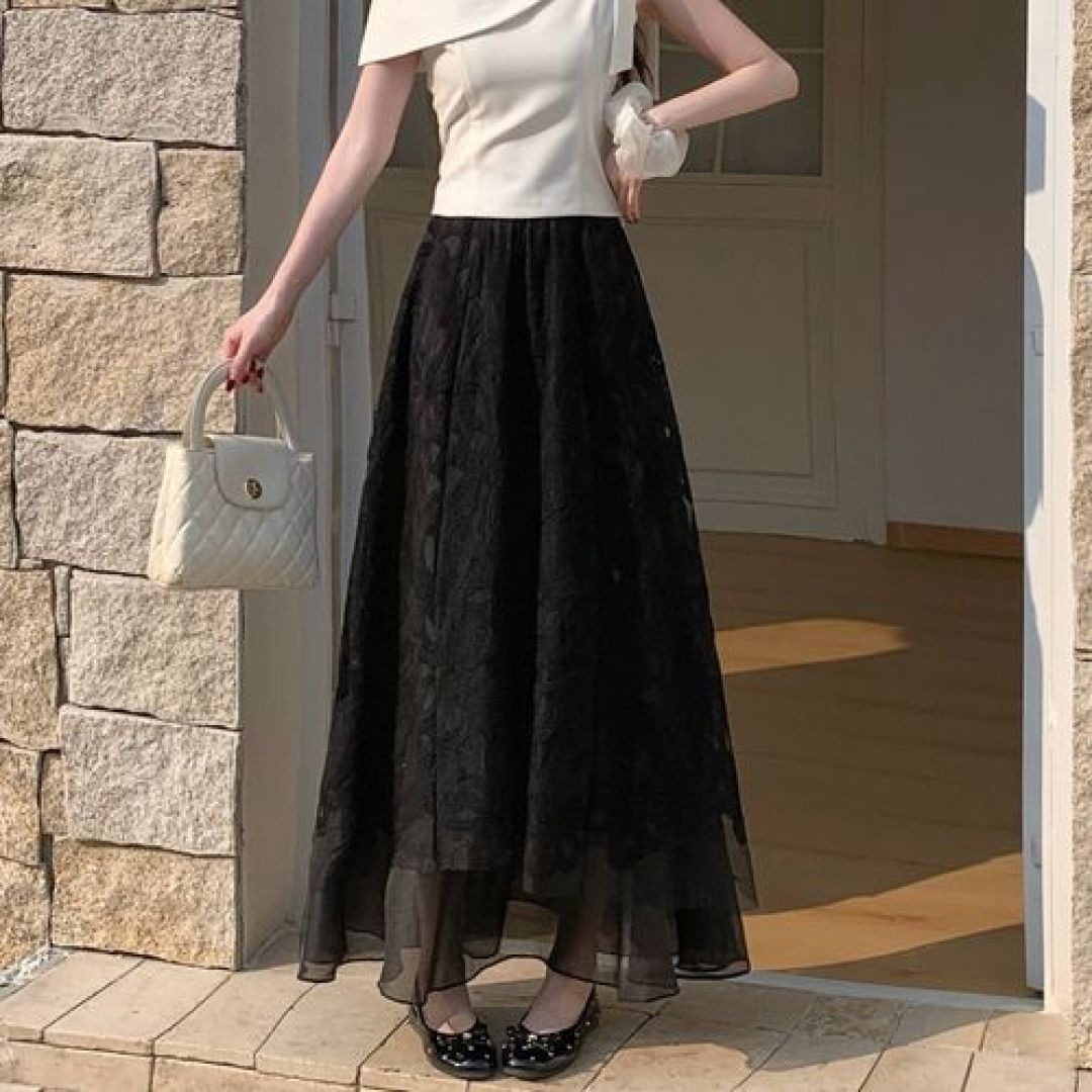 骨格ウェーブ 美脚見え エアリーレース フレアロングスカート
