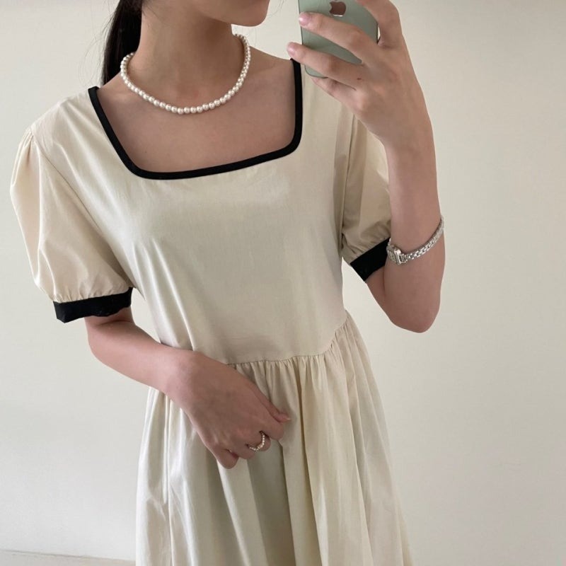 骨格ウェーブ クラシカルバイカラー ハイウエスト パフスリーブワンピース