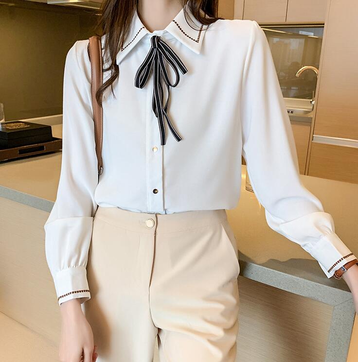 骨格ウェーブ ボウタイ風リボン シフォン シャツブラウス