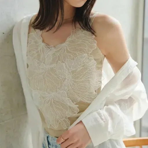 骨格ウェーブ上品レース ニットキャミトップス