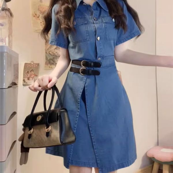 骨格ウェーブ Aライン デニムシャツワンピース