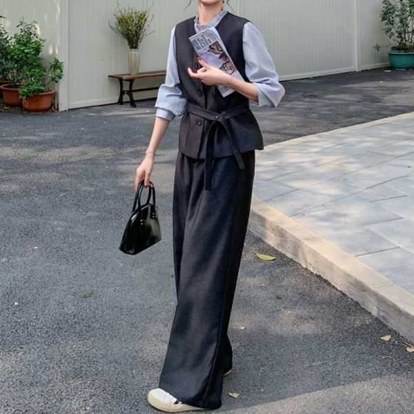 骨格ウェーブ ベスト＋トップス＋ワイドパンツ 3点セットアップ 上品 オフィスカジュアル
