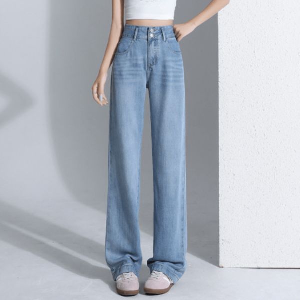 骨格ウェーブ Wボタン 美脚ストレートデニムパンツ