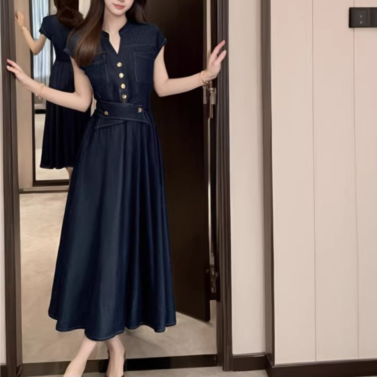 骨格ウェーブ 美くびれ叶う レディデニム ウエストマークワンピース