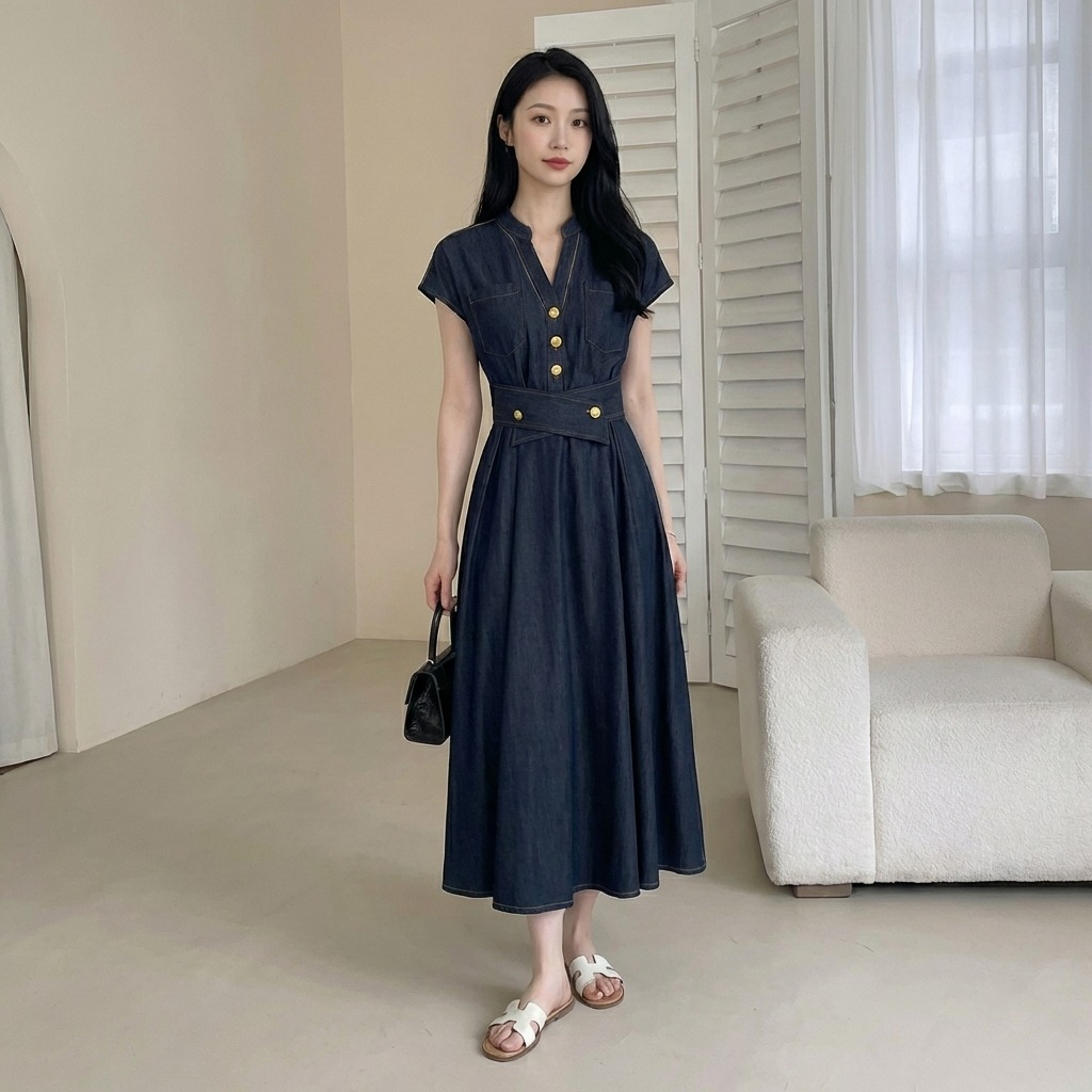 骨格ウェーブ 美くびれ叶う レディデニム ウエストマークワンピース