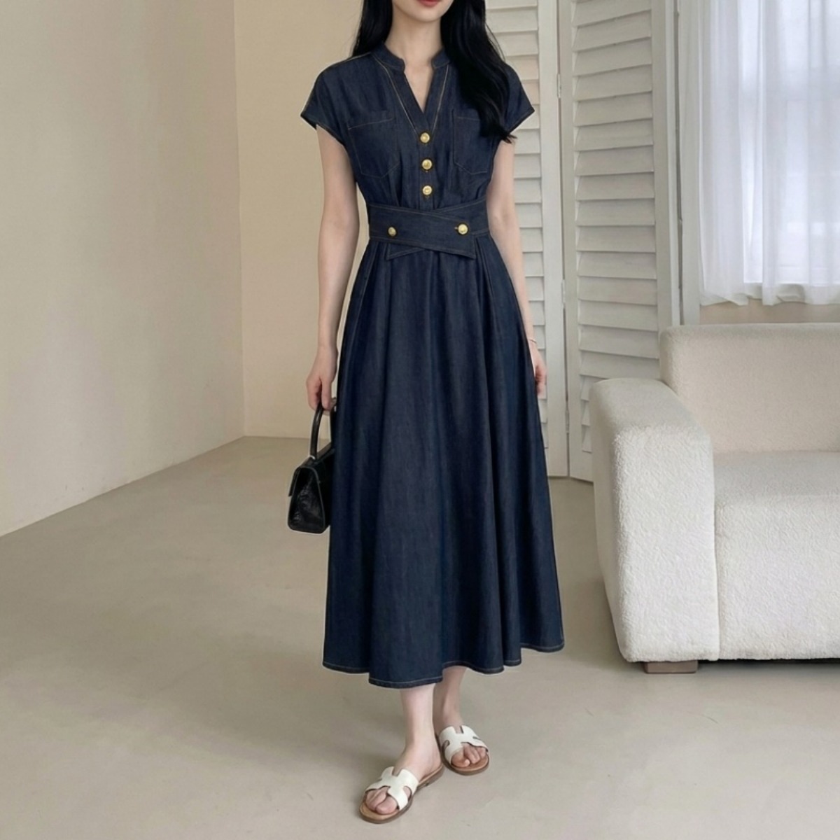 骨格ウェーブ 美くびれ叶う レディデニム ウエストマークワンピース