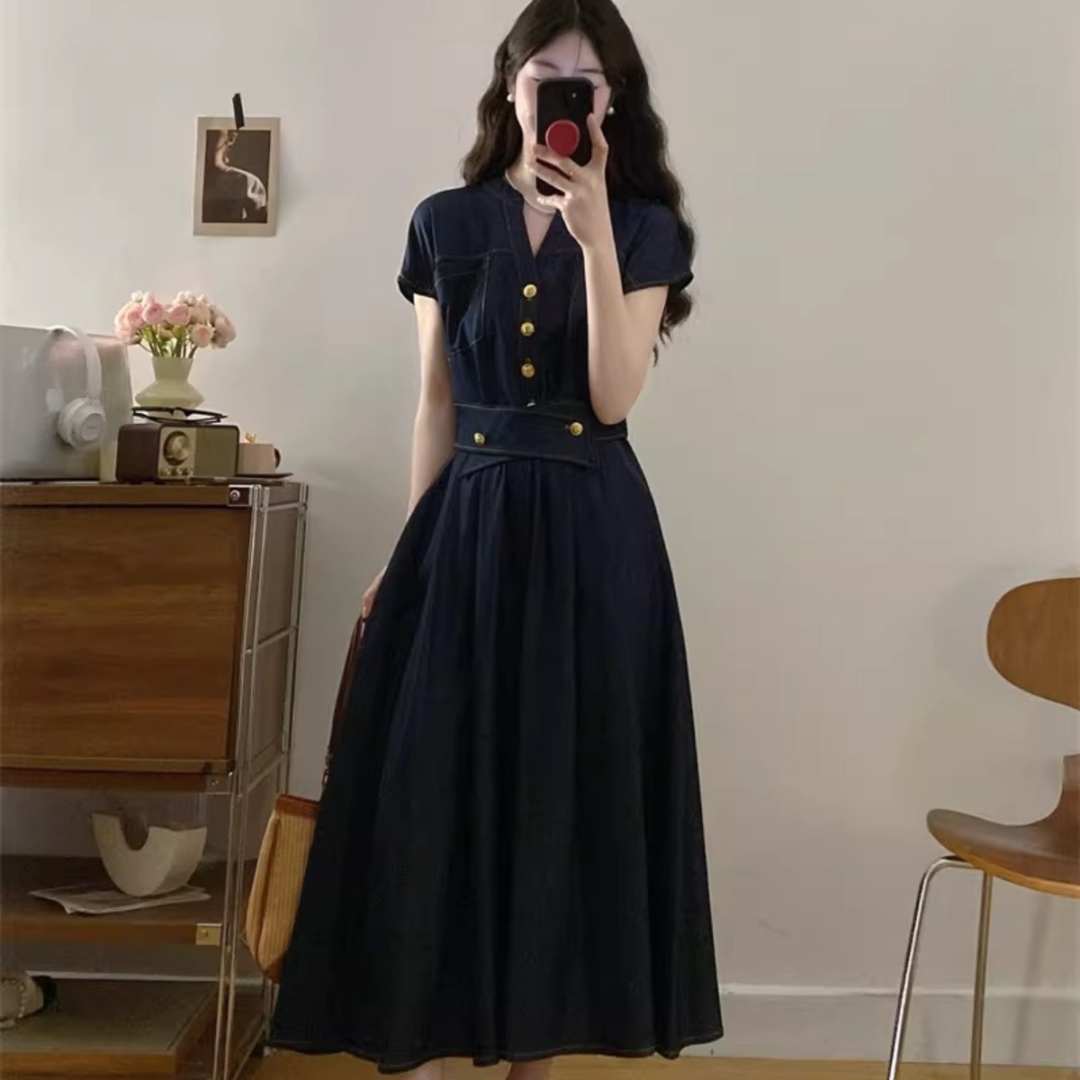 骨格ウェーブ 美くびれ叶う レディデニム ウエストマークワンピース