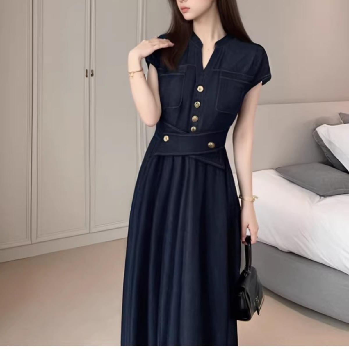 骨格ウェーブ 美くびれ叶う レディデニム ウエストマークワンピース