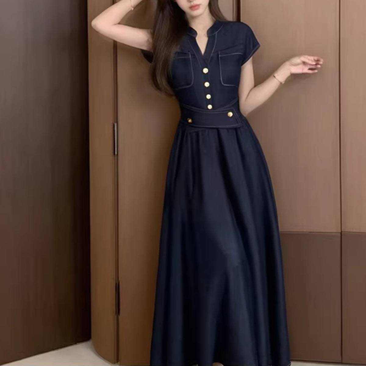 骨格ウェーブ 美くびれ叶う レディデニム ウエストマークワンピース