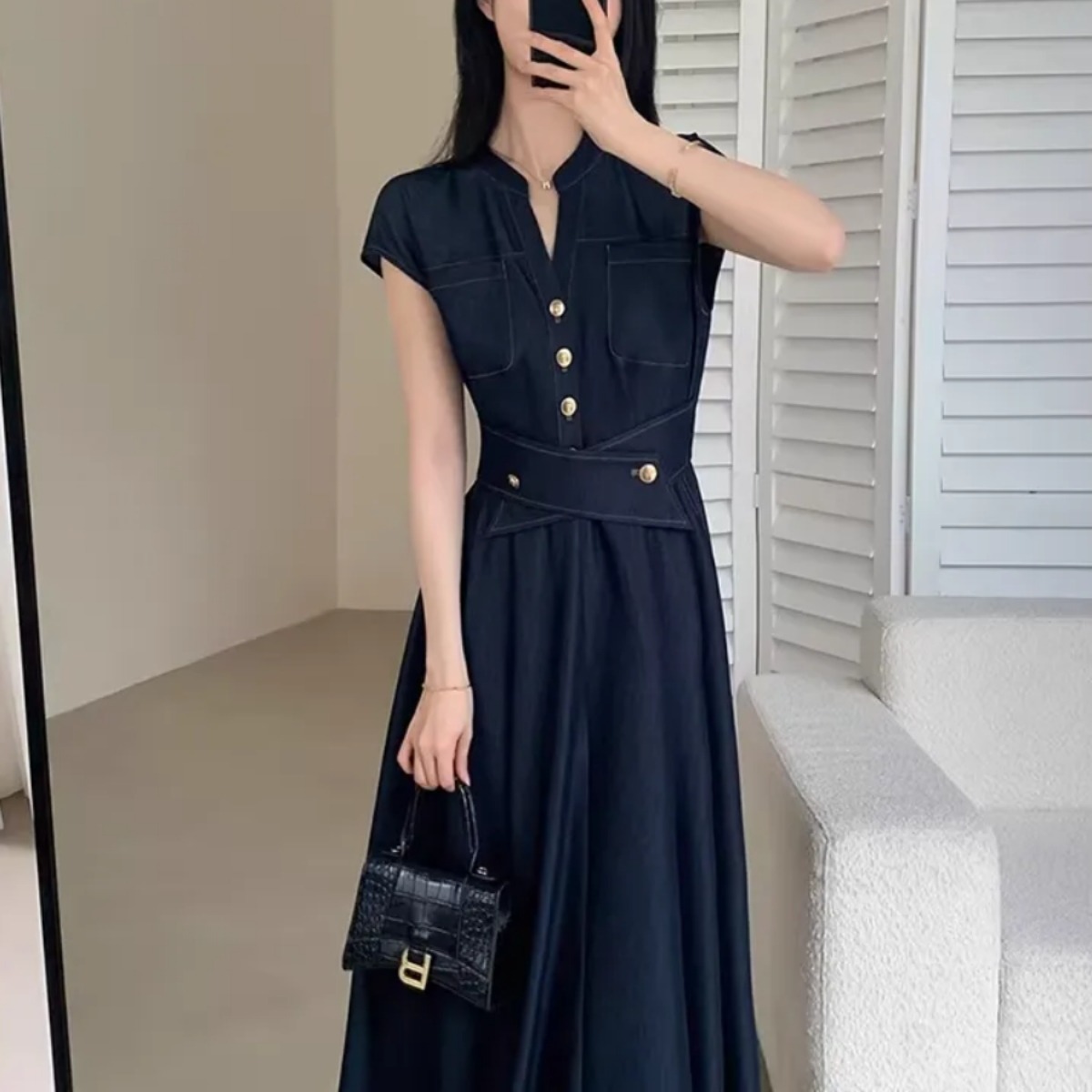 骨格ウェーブ 美くびれ叶う レディデニム ウエストマークワンピース