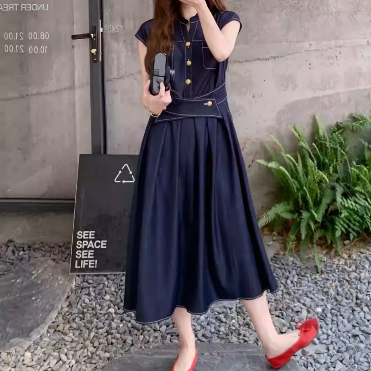 骨格ウェーブ 美くびれ叶う レディデニム ウエストマークワンピース