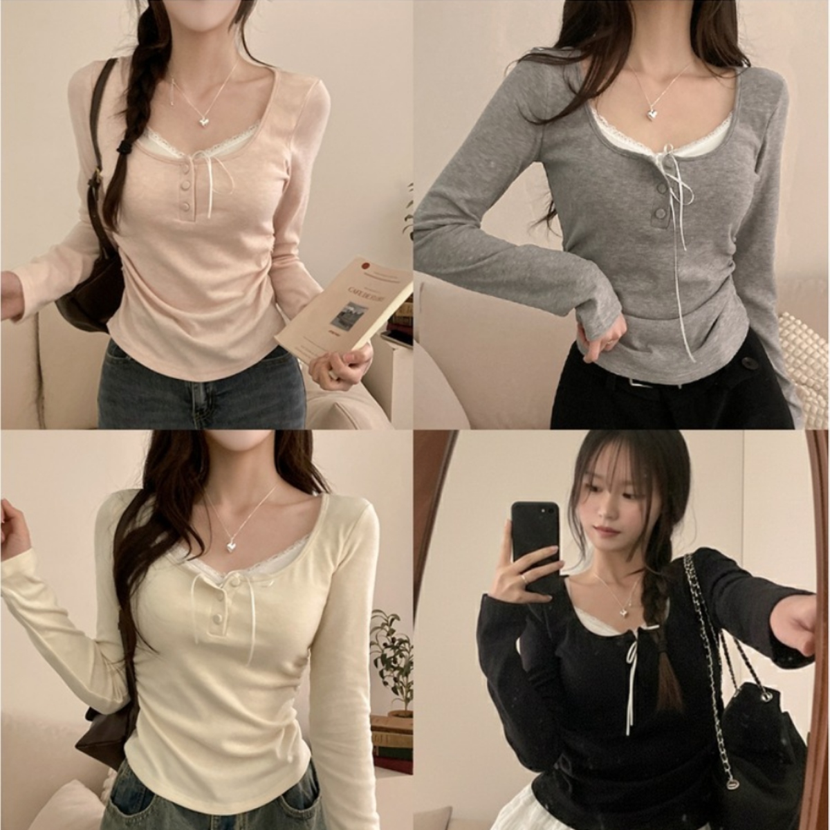 骨格ウェーブ さりげ盛れ レイヤード風リボン スリムカットソー