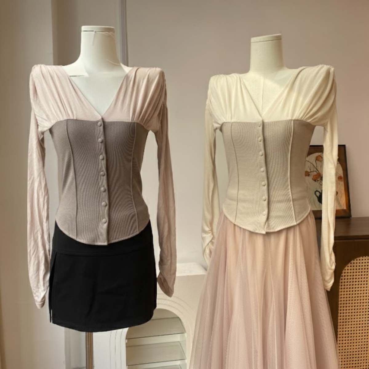 骨格ウェーブ 切替デザイン しっとりフィットトップス