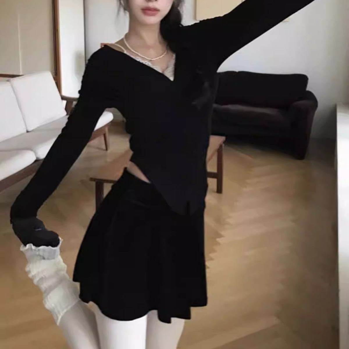 骨格ウェーブ 切替デザイン しっとりフィットトップス