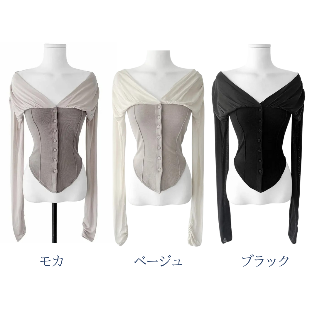 骨格ウェーブ 切替デザイン しっとりフィットトップス