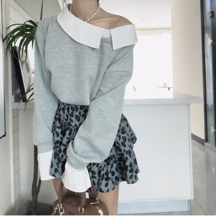 骨格ウェーブ きれいめカジュアル 襟付きアシンメトリートップス