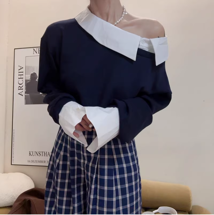 骨格ウェーブ きれいめカジュアル 襟付きアシンメトリートップス