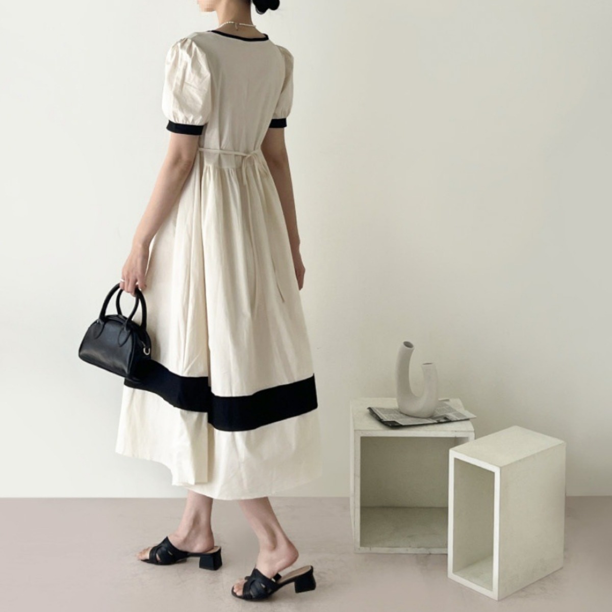 骨格ウェーブ クラシカルバイカラー ハイウエスト パフスリーブワンピース