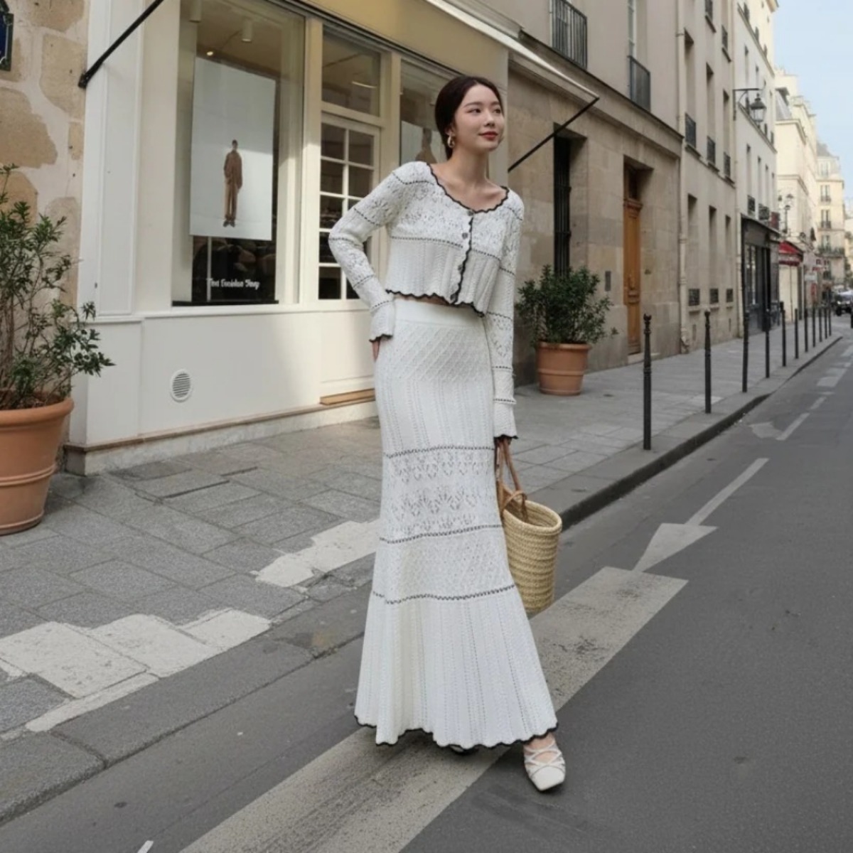 骨格ウェーブ クロシェ編みセットアップ ショート丈ニット＋Aラインスカート