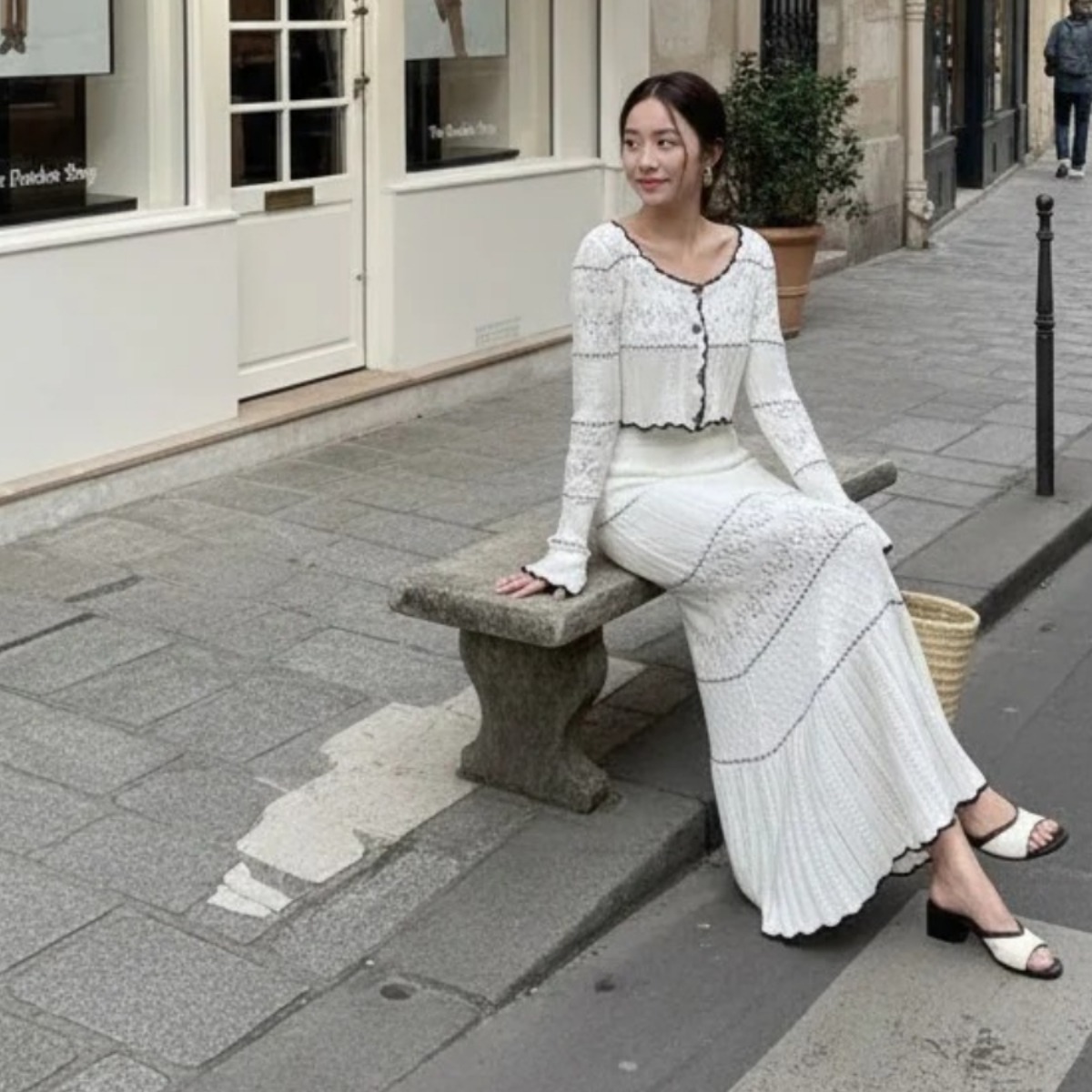 骨格ウェーブ クロシェ編みセットアップ ショート丈ニット＋Aラインスカート