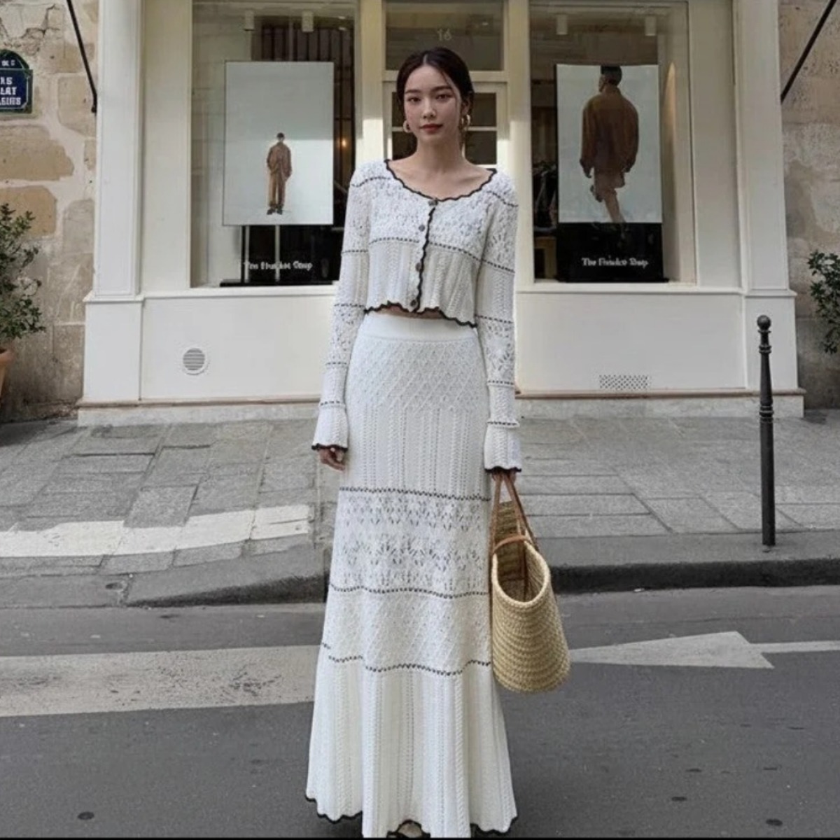 骨格ウェーブ クロシェ編みセットアップ ショート丈ニット＋Aラインスカート