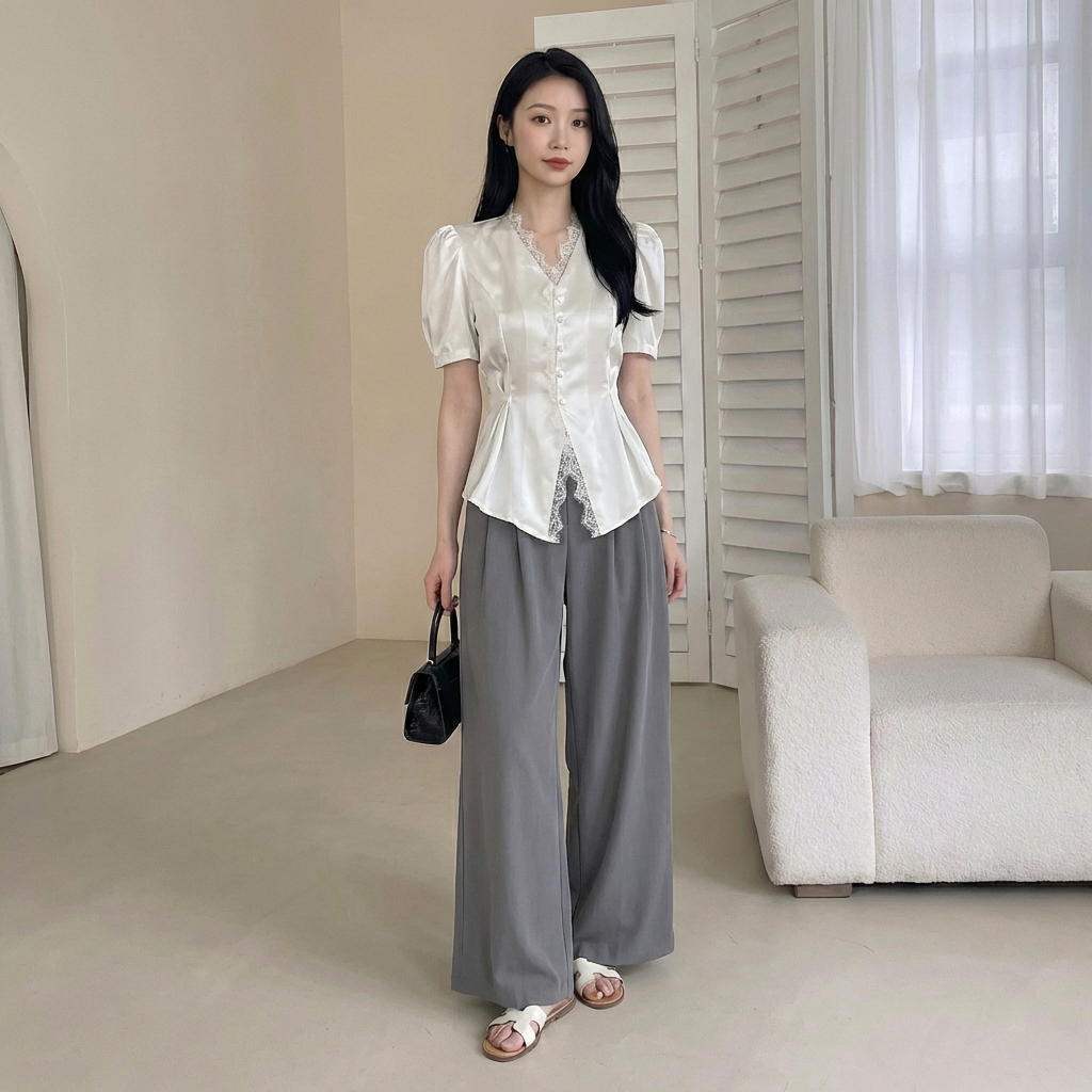 骨格ウェーブ 美くびれペプラム サテンレースブラウス