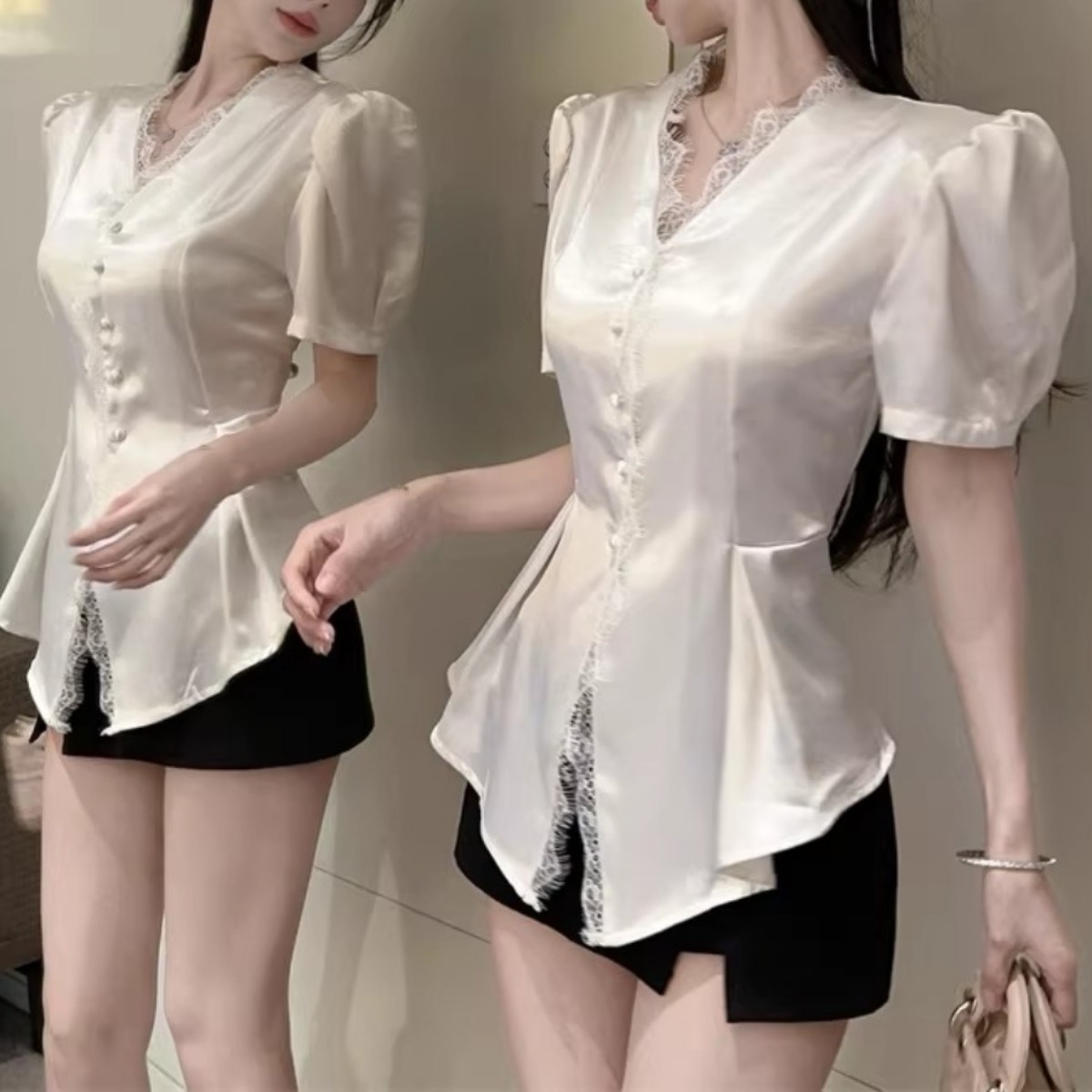 骨格ウェーブ 美くびれペプラム サテンレースブラウス