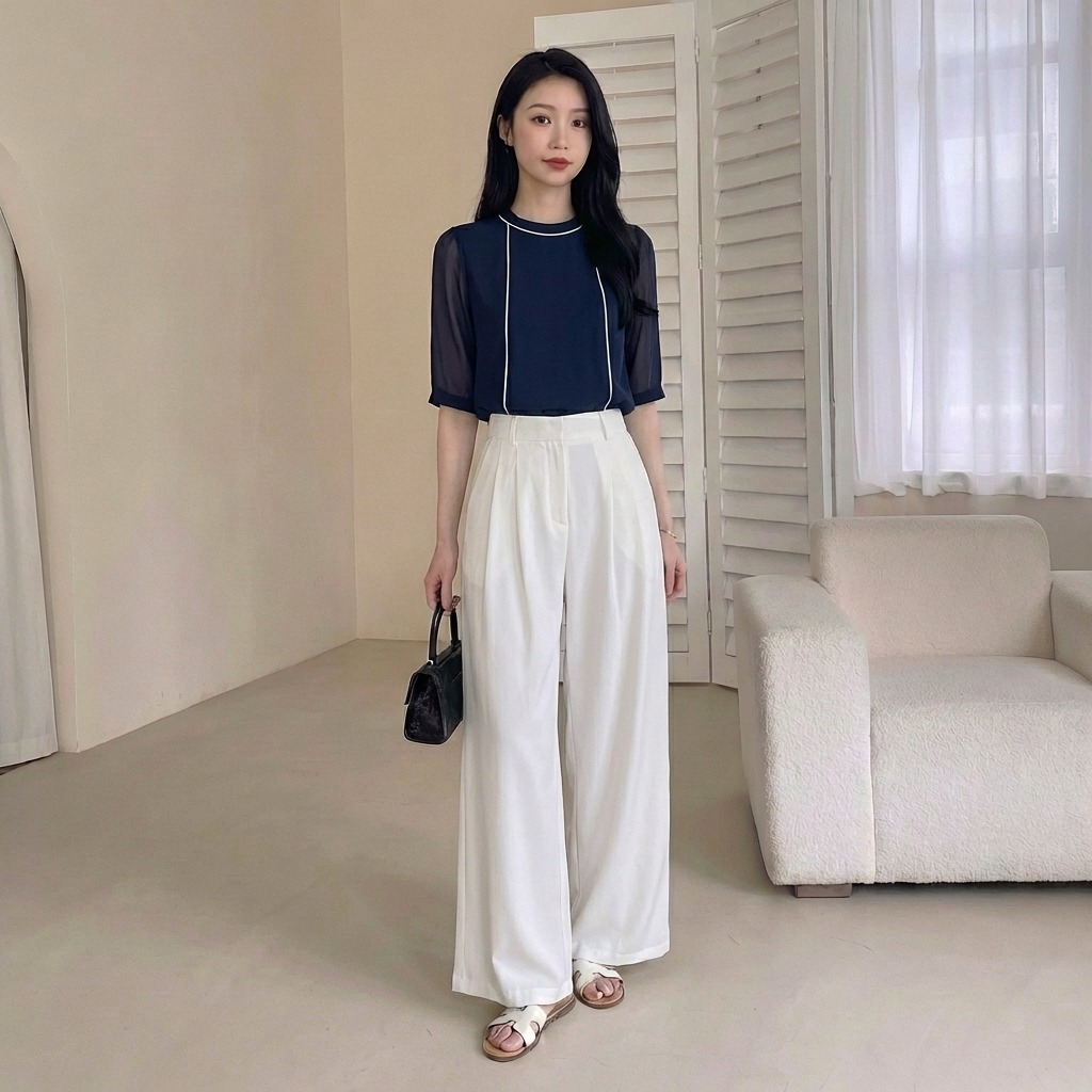 骨格ウェーブ 華奢見せ シアー五分袖ブラウス