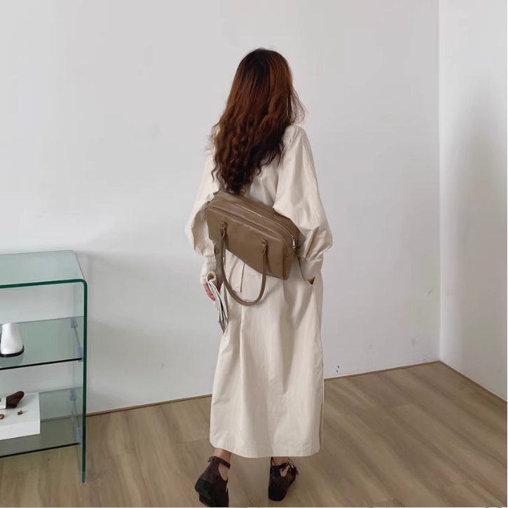 骨格ウェーブ 韓国シック スリットワンピース ラウンドネック ウエストマーク ロング丈 