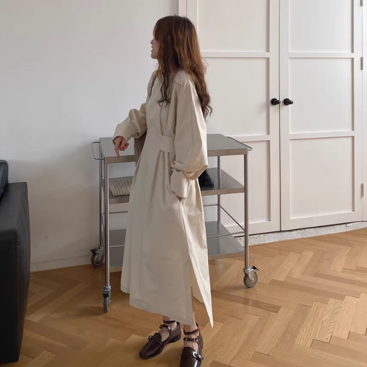 骨格ウェーブ 韓国シック スリットワンピース ラウンドネック ウエストマーク ロング丈 