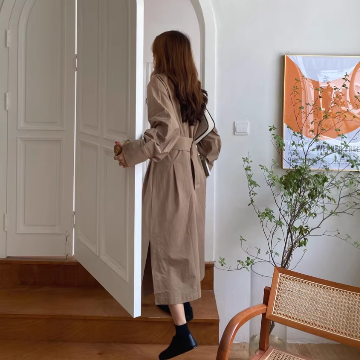 骨格ウェーブ 韓国シック スリットワンピース ラウンドネック ウエストマーク ロング丈 