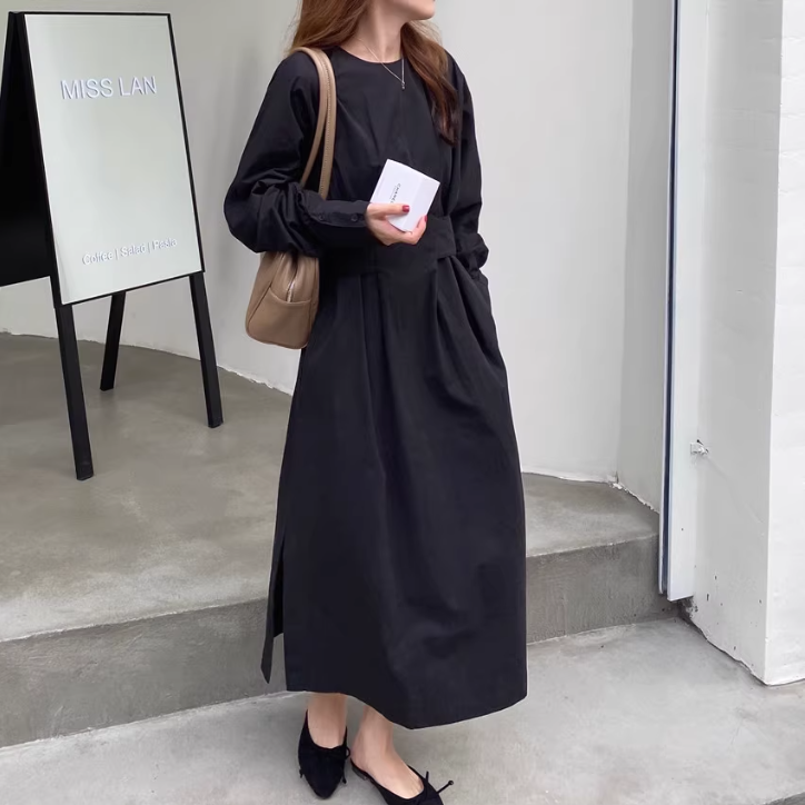 骨格ウェーブ 韓国シック スリットワンピース ラウンドネック ウエストマーク ロング丈 