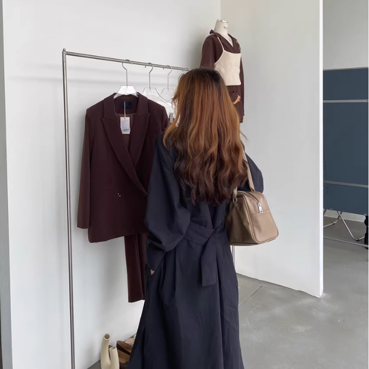 骨格ウェーブ 韓国シック スリットワンピース ラウンドネック ウエストマーク ロング丈 