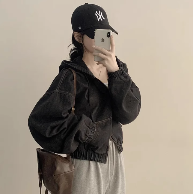 骨格ウェーブ 韓国シック デニムジャケット ジップ付き 長袖 フード ショート丈 カジュアル