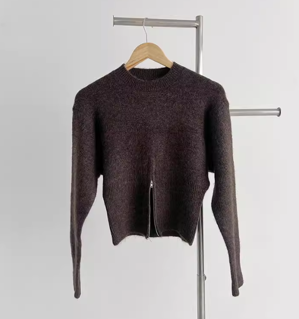 骨格ウェーブ 韓国風 くびれジップデザイン ラウンドネックニット