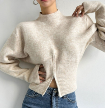 骨格ウェーブ 韓国風 くびれジップデザイン ラウンドネックニット