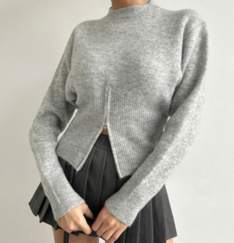 骨格ウェーブ 韓国風 くびれジップデザイン ラウンドネックニット