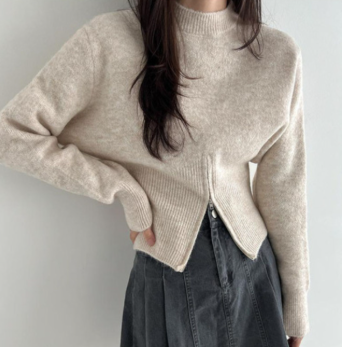 骨格ウェーブ 韓国風 くびれジップデザイン ラウンドネックニット