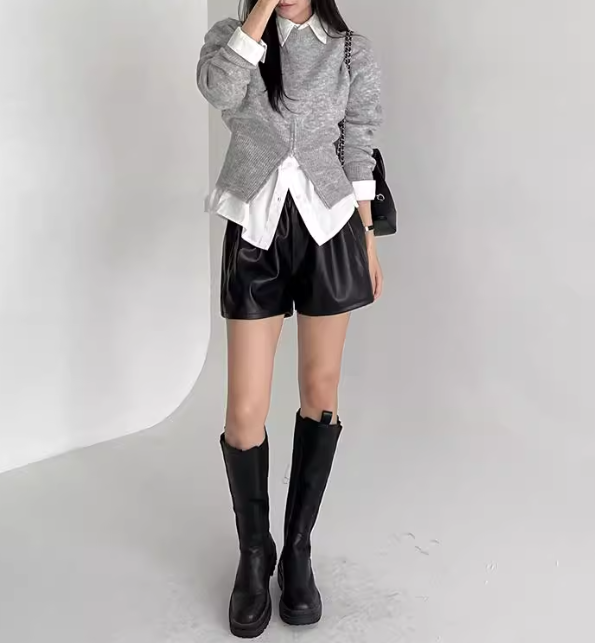 骨格ウェーブ 韓国風 くびれジップデザイン ラウンドネックニット