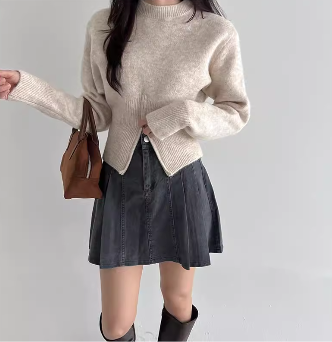 骨格ウェーブ 韓国風 くびれジップデザイン ラウンドネックニット