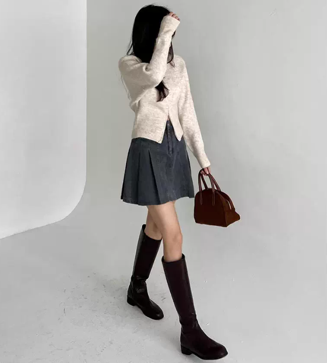 骨格ウェーブ 韓国風 くびれジップデザイン ラウンドネックニット